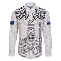 Custom New Zealand Maori Taiaha Family Matching Summer Maxi Dress and Hawaiian Shirt Tiki Warrior White LT05 Dad's Shirt - Long Sleeve White - Polynesian Pride