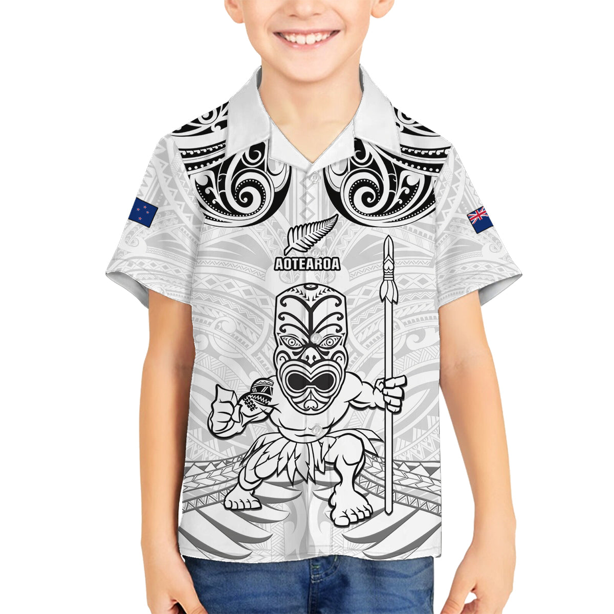 Custom New Zealand Maori Taiaha Family Matching Tank Maxi Dress and Hawaiian Shirt Tiki Warrior White LT05 Son's Shirt White - Polynesian Pride