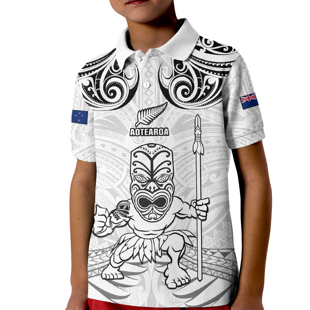 Custom New Zealand Maori Taiaha Kid Polo Shirt Tiki Warrior White LT05 Kid White - Polynesian Pride