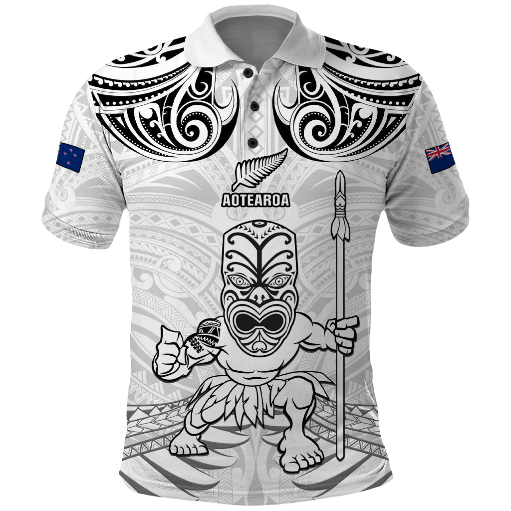 Custom New Zealand Maori Taiaha Polo Shirt Tiki Warrior White LT05 White - Polynesian Pride