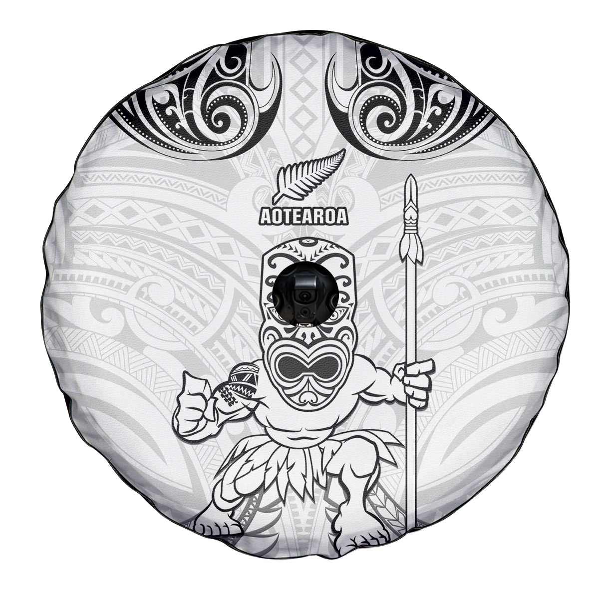 New Zealand Maori Taiaha Spare Tire Cover Tiki Warrior White LT05 - Polynesian Pride