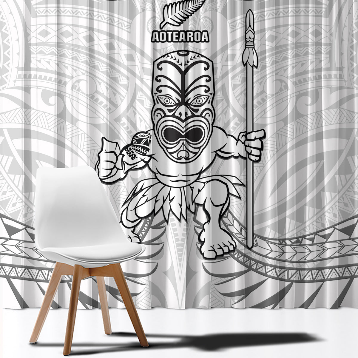 New Zealand Maori Taiaha Window Curtain Tiki Warrior White LT05 - Polynesian Pride