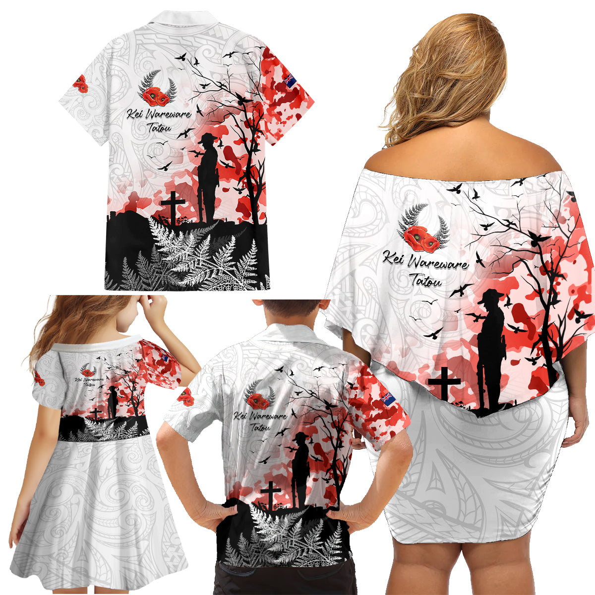 Kei Wareware Tatou New Zealand ANZAC Day Family Matching Off Shoulder Short Dress and Hawaiian Shirt Lest We Forget LT05 - Polynesian Pride