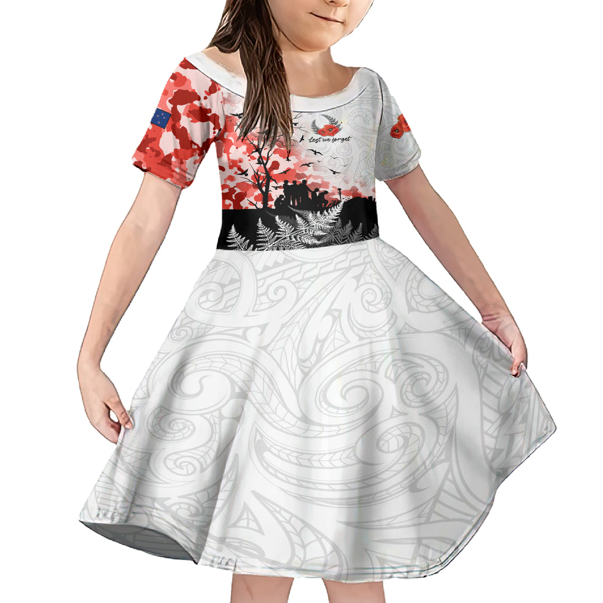 Kei Wareware Tatou New Zealand ANZAC Day Family Matching Short Sleeve Bodycon Dress and Hawaiian Shirt Lest We Forget LT05 Daughter's Dress White - Polynesian Pride