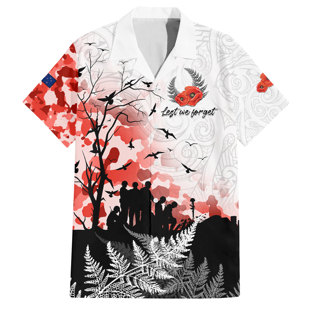 Kei Wareware Tatou New Zealand ANZAC Day Family Matching Tank Maxi Dress and Hawaiian Shirt Lest We Forget LT05 Dad's Shirt - Short Sleeve White - Polynesian Pride