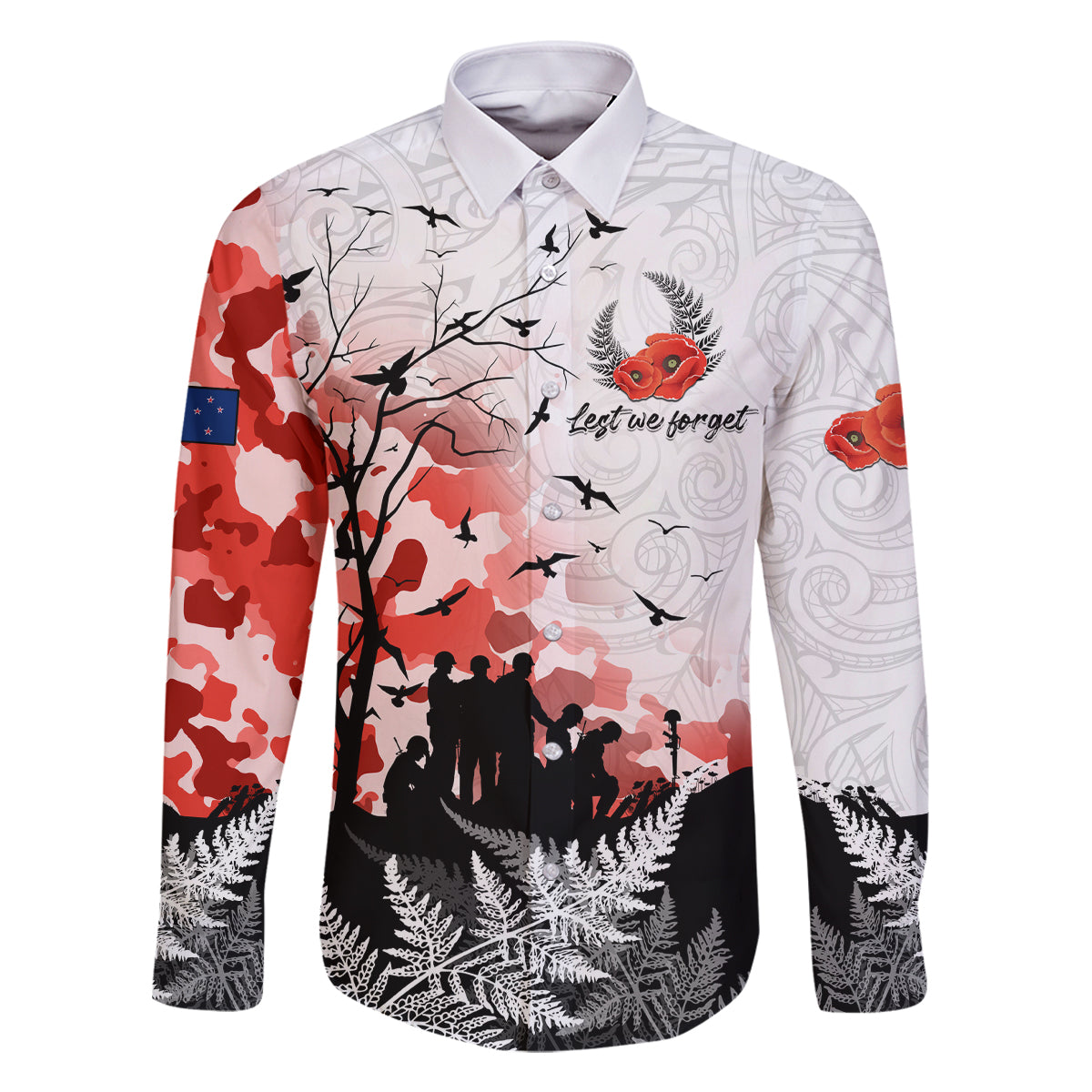 Kei Wareware Tatou New Zealand ANZAC Day Family Matching Tank Maxi Dress and Hawaiian Shirt Lest We Forget LT05 Dad's Shirt - Long Sleeve White - Polynesian Pride