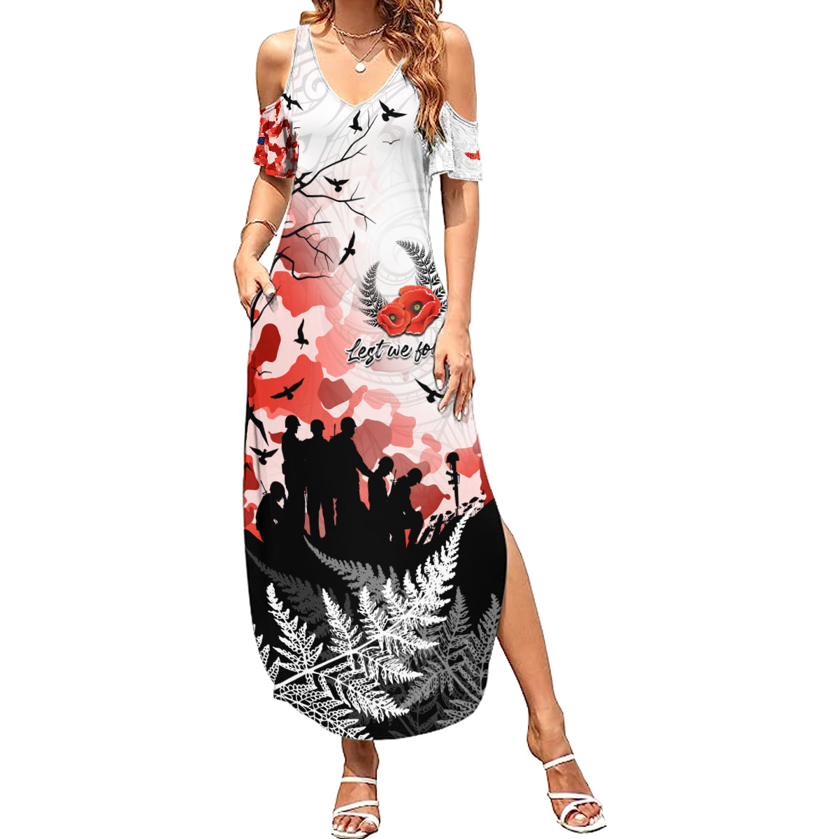 Kei Wareware Tatou New Zealand ANZAC Day Summer Maxi Dress Lest We Forget LT05 Women White - Polynesian Pride