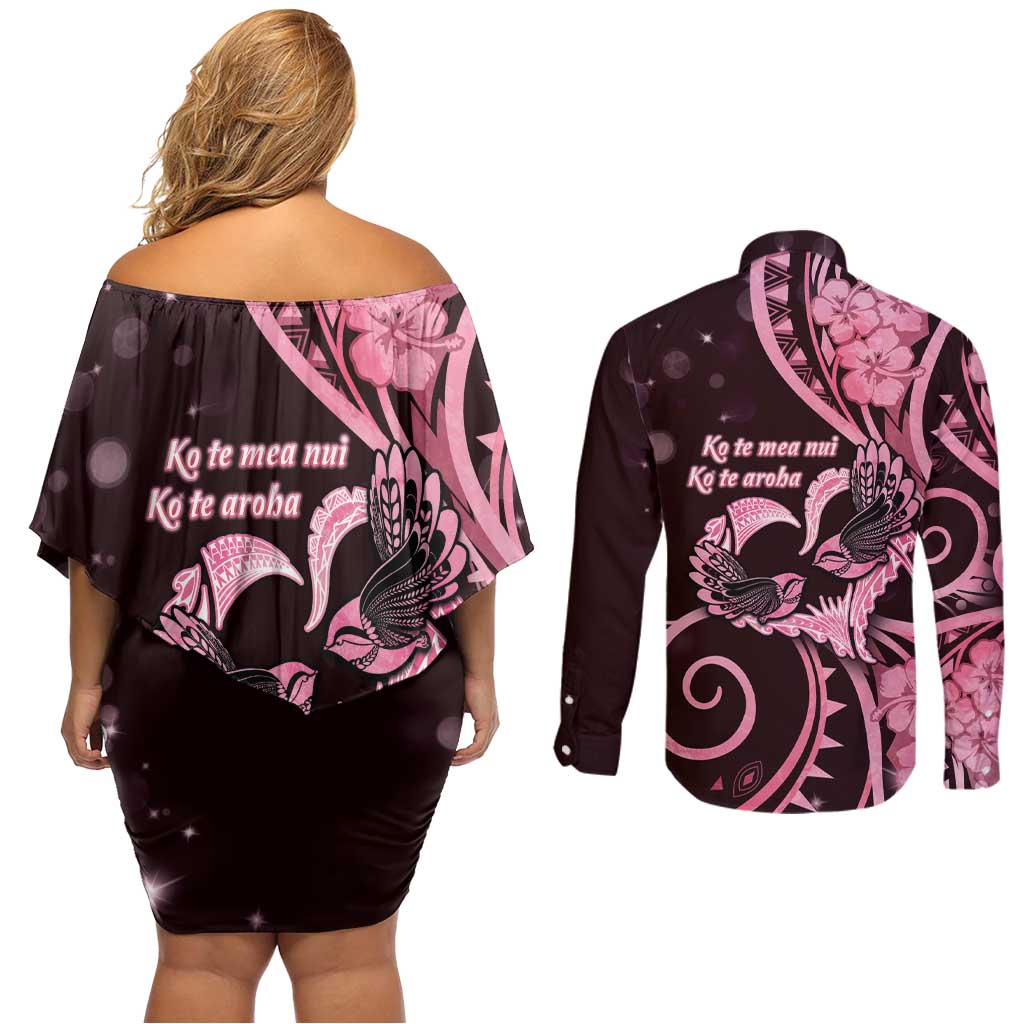 New Zealand Valentine Couples Matching Off Shoulder Short Dress and Long Sleeve Button Shirt Aroha Sweet Pink Piwakawaka LT05 - Polynesian Pride