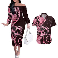 New Zealand Valentine Couples Matching Off The Shoulder Long Sleeve Dress and Hawaiian Shirt Aroha Sweet Pink Piwakawaka LT05 Pink - Polynesian Pride