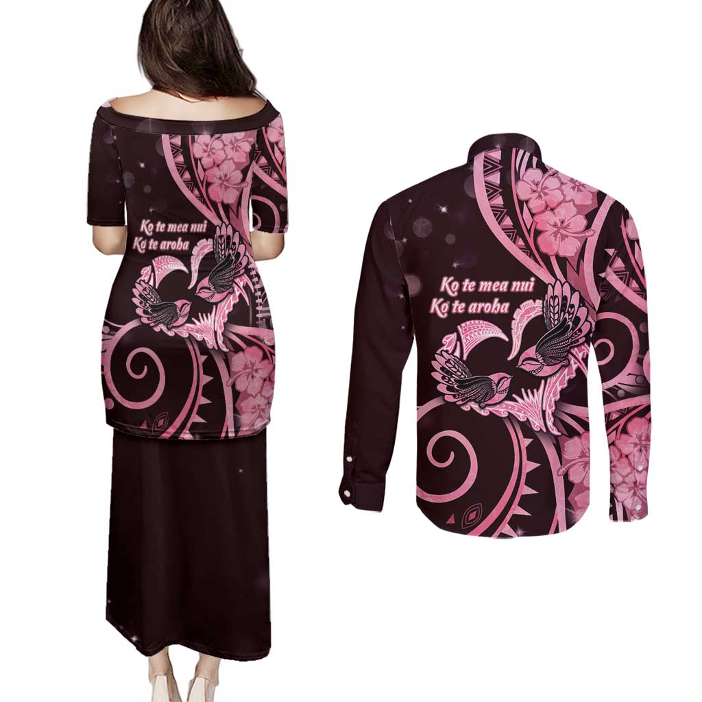 New Zealand Valentine Couples Matching Puletasi and Long Sleeve Button Shirt Aroha Sweet Pink Piwakawaka LT05 - Polynesian Pride