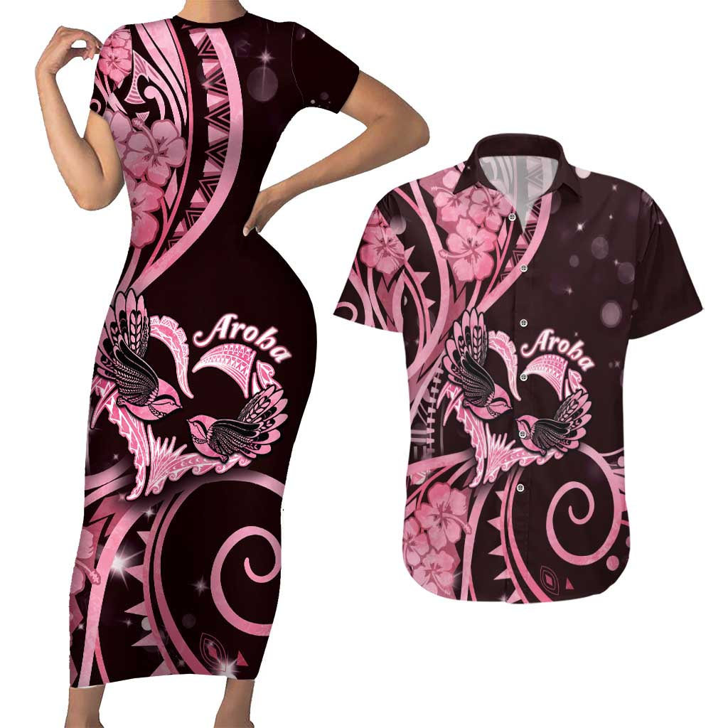 New Zealand Valentine Couples Matching Short Sleeve Bodycon Dress and Hawaiian Shirt Aroha Sweet Pink Piwakawaka LT05 Pink - Polynesian Pride