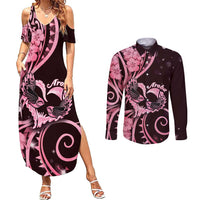 New Zealand Valentine Couples Matching Summer Maxi Dress and Long Sleeve Button Shirt Aroha Sweet Pink Piwakawaka LT05 Pink - Polynesian Pride