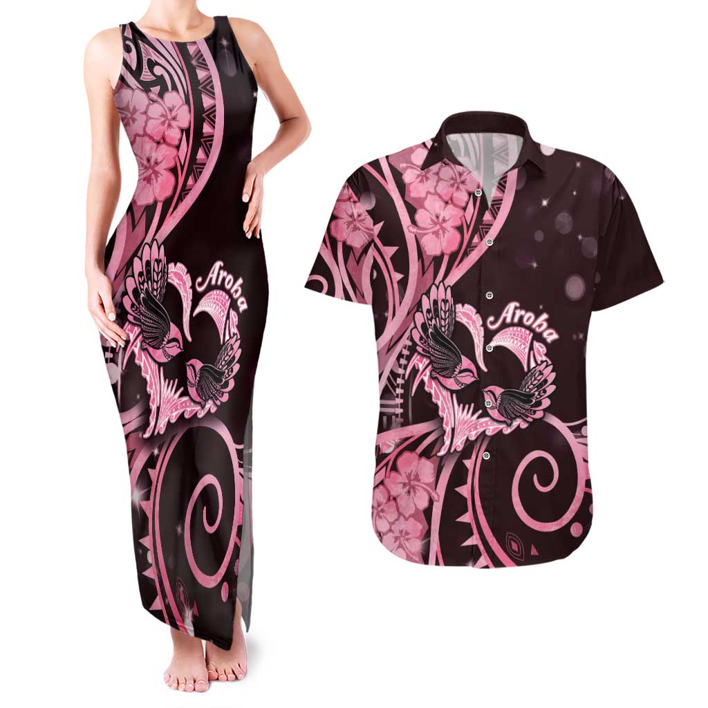 New Zealand Valentine Couples Matching Tank Maxi Dress and Hawaiian Shirt Aroha Sweet Pink Piwakawaka LT05 Pink - Polynesian Pride