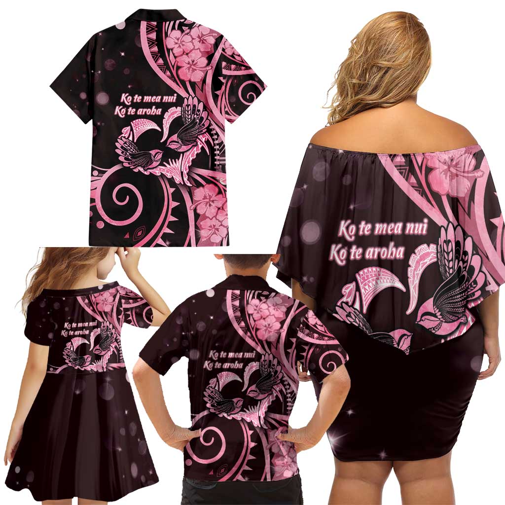 New Zealand Valentine Family Matching Off Shoulder Short Dress and Hawaiian Shirt Aroha Sweet Pink Piwakawaka