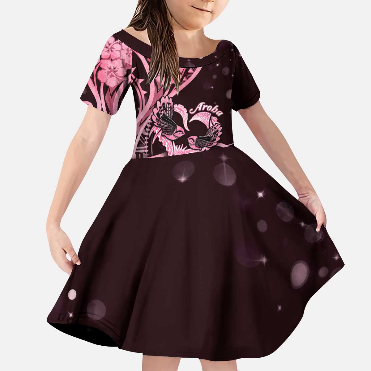 New Zealand Valentine Kid Short Sleeve Dress Aroha Sweet Pink Piwakawaka LT05 KID Pink - Polynesian Pride