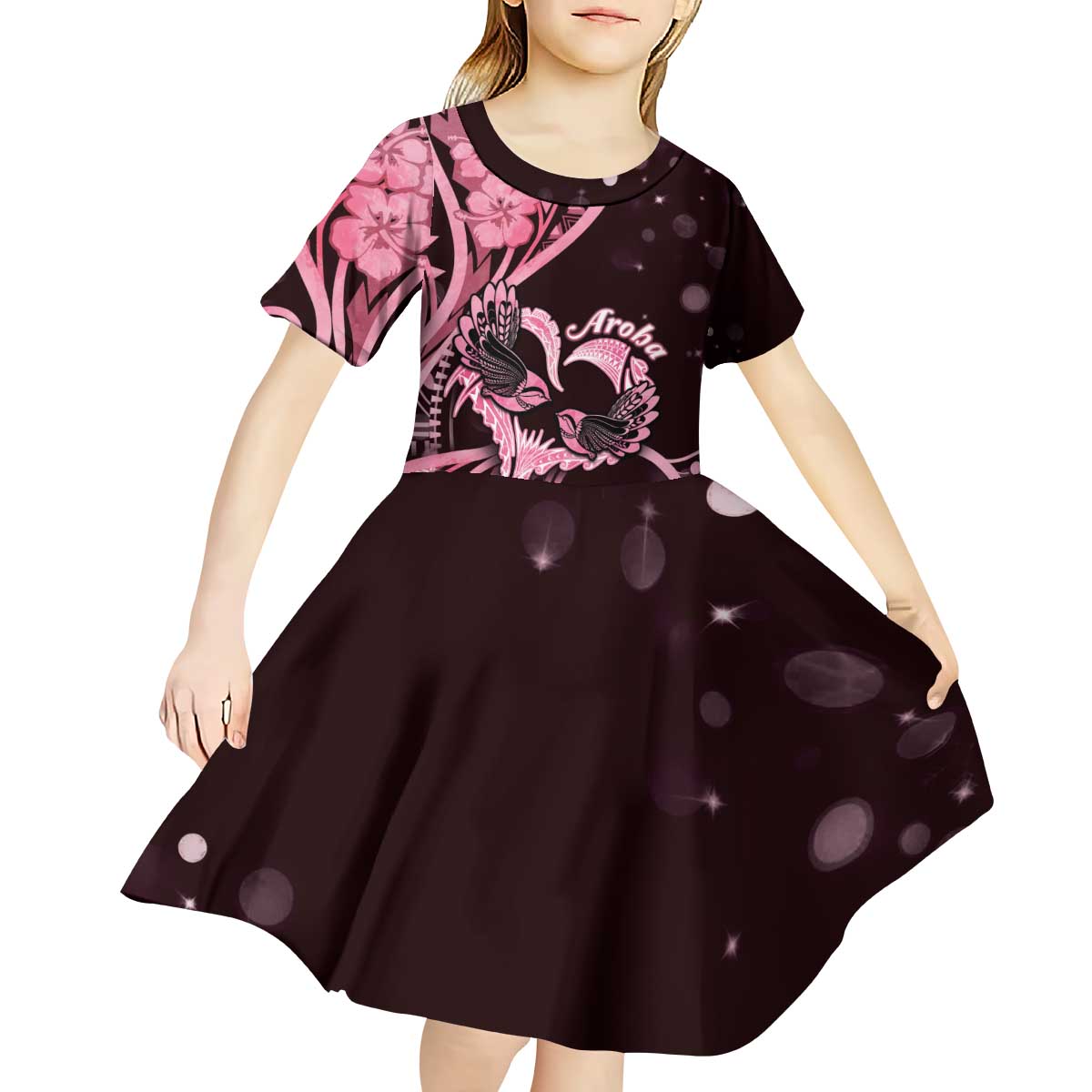 New Zealand Valentine Kid Short Sleeve Dress Aroha Sweet Pink Piwakawaka LT05 - Polynesian Pride