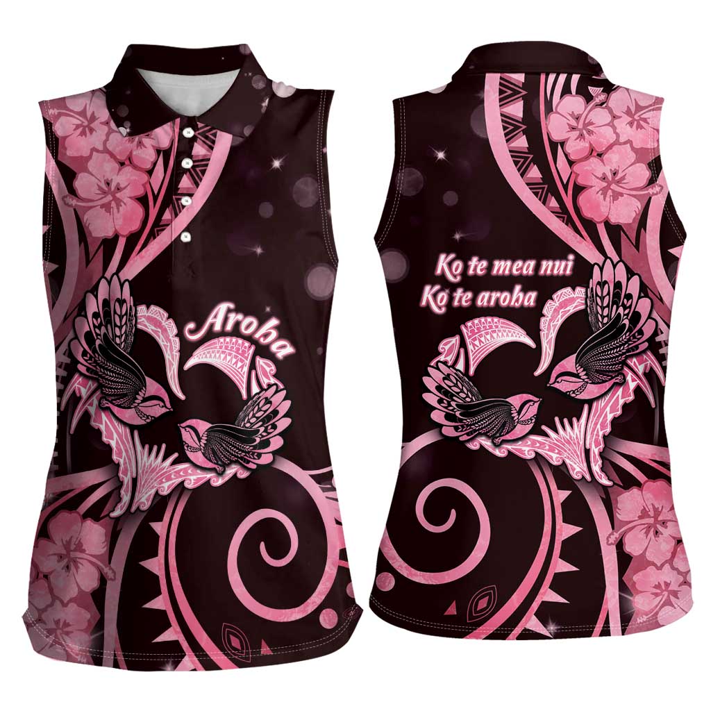 New Zealand Valentine Women Sleeveless Polo Shirt Aroha Sweet Pink Piwakawaka LT05 - Polynesian Pride