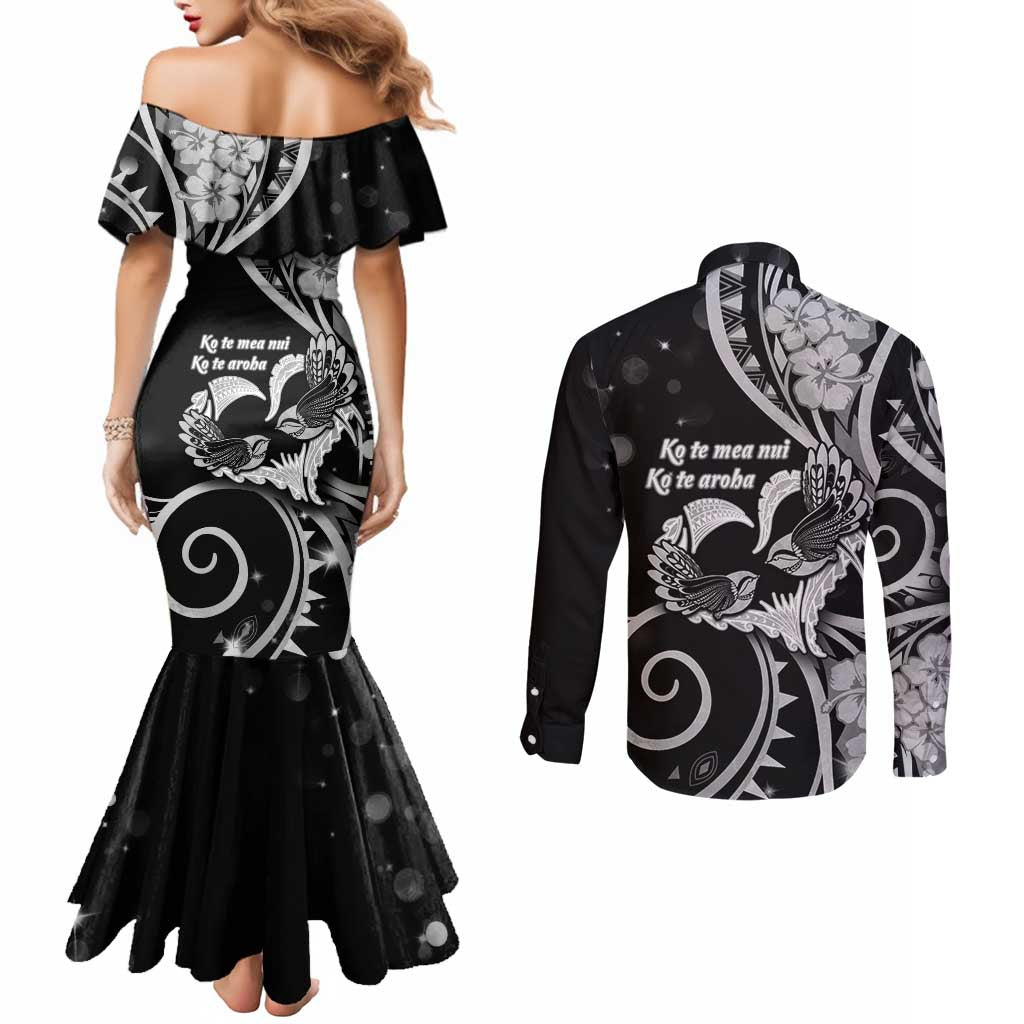 New Zealand Valentine Couples Matching Mermaid Dress and Long Sleeve Button Shirt Aroha Gray Piwakawaka LT05 - Polynesian Pride