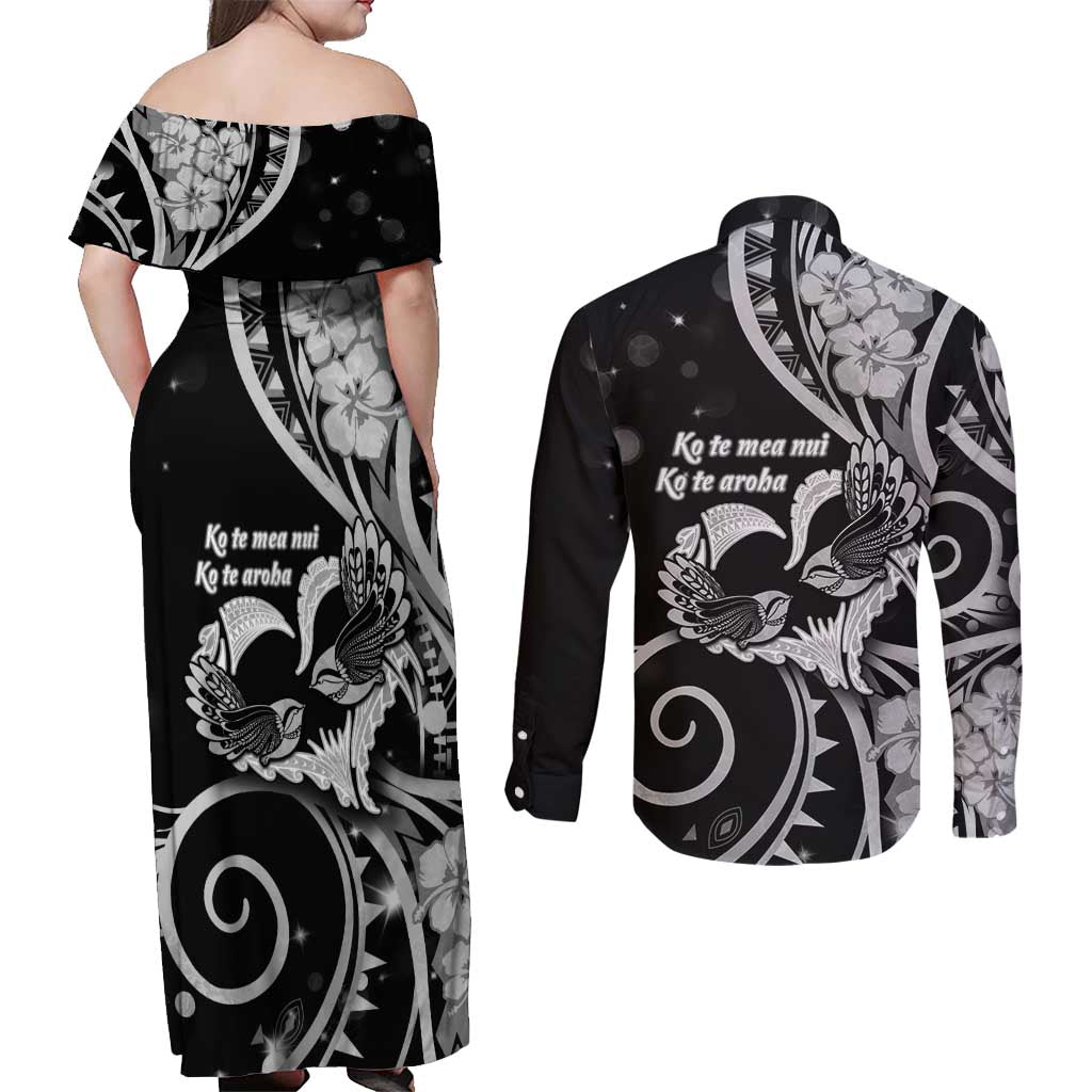 New Zealand Valentine Couples Matching Off Shoulder Maxi Dress and Long Sleeve Button Shirt Aroha Gray Piwakawaka LT05 - Polynesian Pride