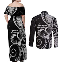 New Zealand Valentine Couples Matching Off Shoulder Maxi Dress and Long Sleeve Button Shirt Aroha Gray Piwakawaka LT05 - Polynesian Pride
