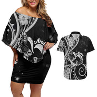 New Zealand Valentine Couples Matching Off Shoulder Short Dress and Hawaiian Shirt Aroha Gray Piwakawaka LT05 Gray - Polynesian Pride