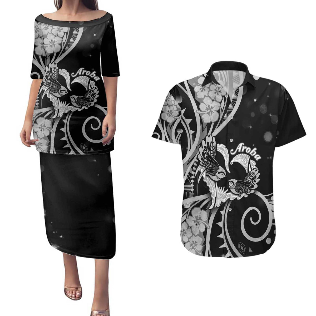 New Zealand Valentine Couples Matching Puletasi and Hawaiian Shirt Aroha Gray Piwakawaka LT05 Gray - Polynesian Pride