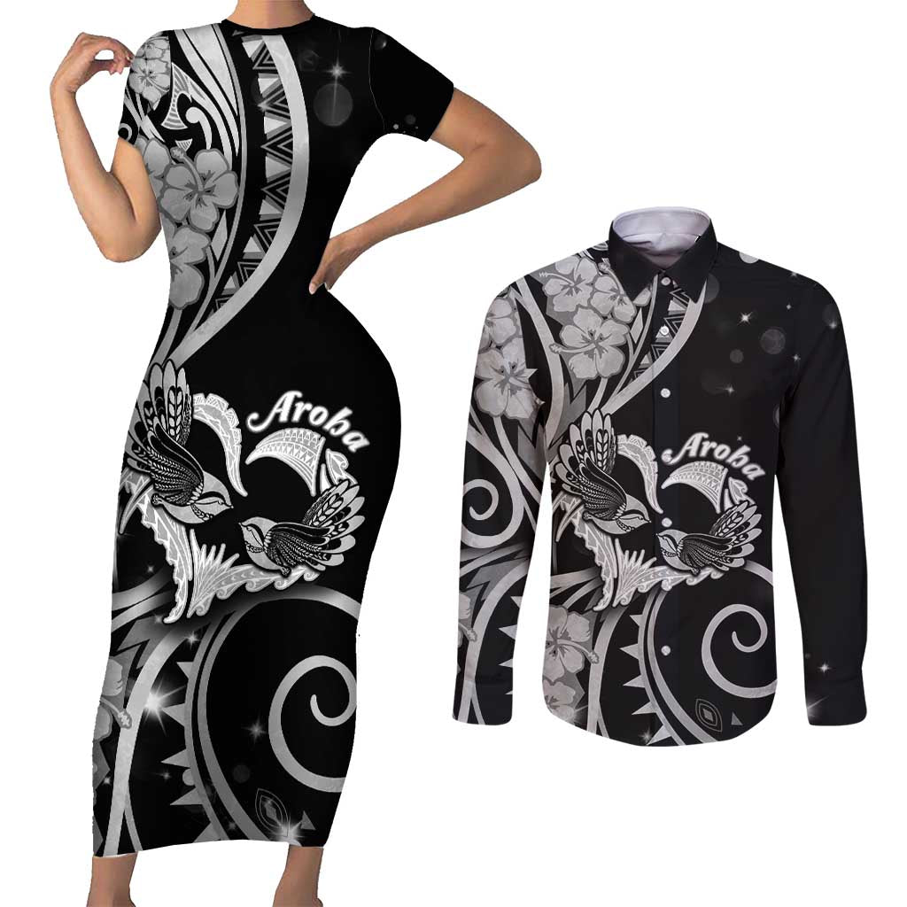 New Zealand Valentine Couples Matching Short Sleeve Bodycon Dress and Long Sleeve Button Shirt Aroha Gray Piwakawaka LT05 Gray - Polynesian Pride