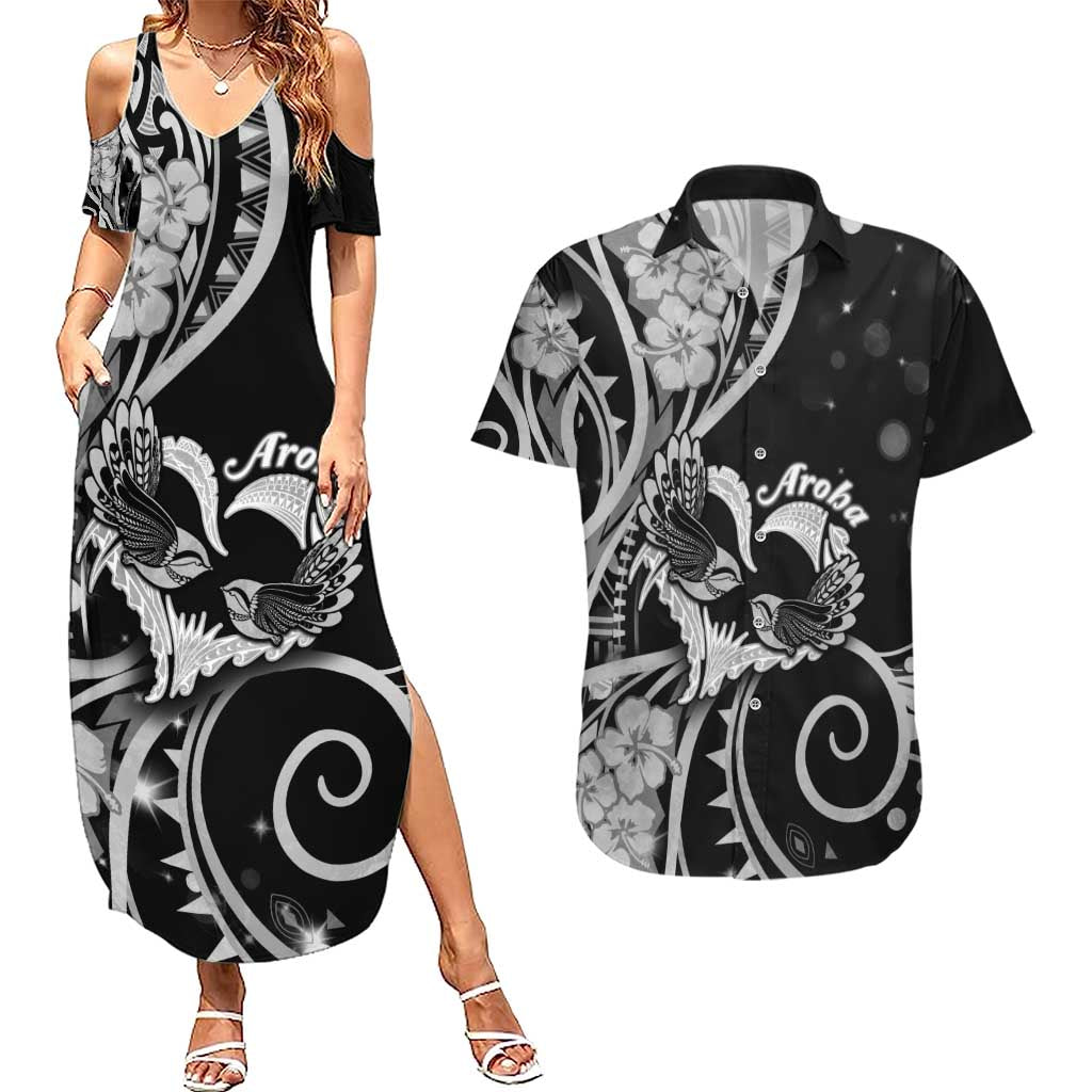 New Zealand Valentine Couples Matching Summer Maxi Dress and Hawaiian Shirt Aroha Gray Piwakawaka LT05 Gray - Polynesian Pride