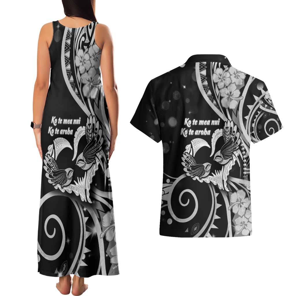 New Zealand Valentine Couples Matching Tank Maxi Dress and Hawaiian Shirt Aroha Gray Piwakawaka LT05 - Polynesian Pride