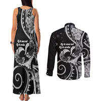 New Zealand Valentine Couples Matching Tank Maxi Dress and Long Sleeve Button Shirt Aroha Gray Piwakawaka LT05 - Polynesian Pride