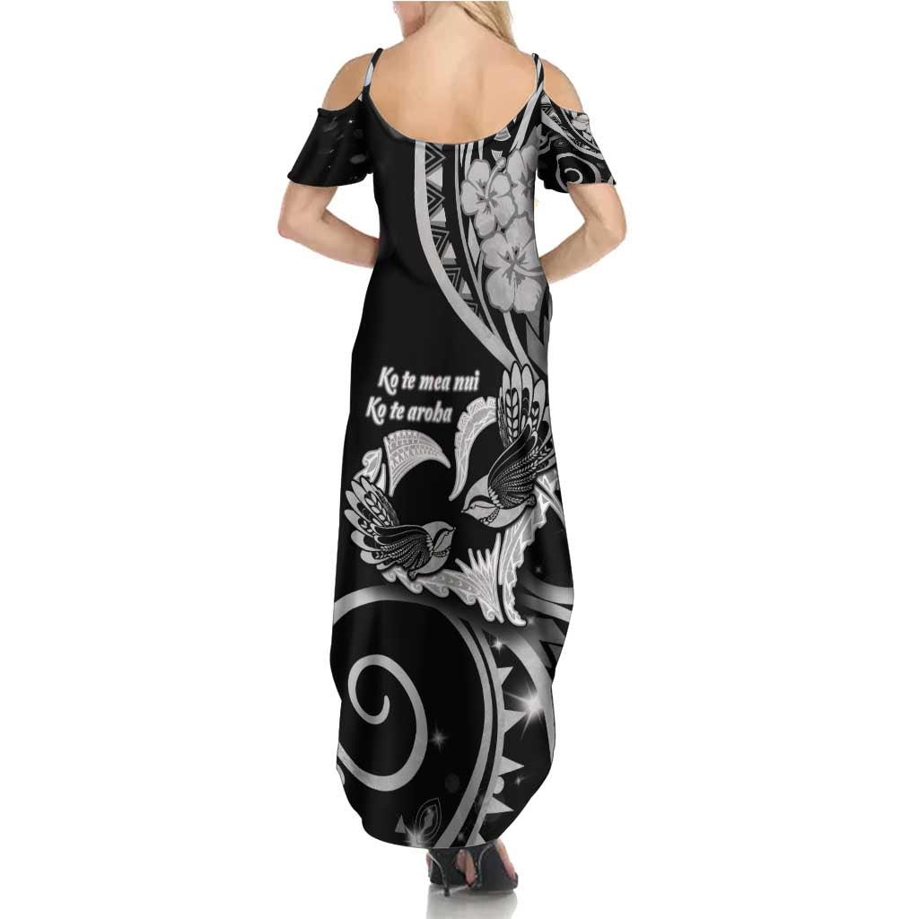 New Zealand Valentine Family Matching Summer Maxi Dress and Hawaiian Shirt Aroha Gray Piwakawaka