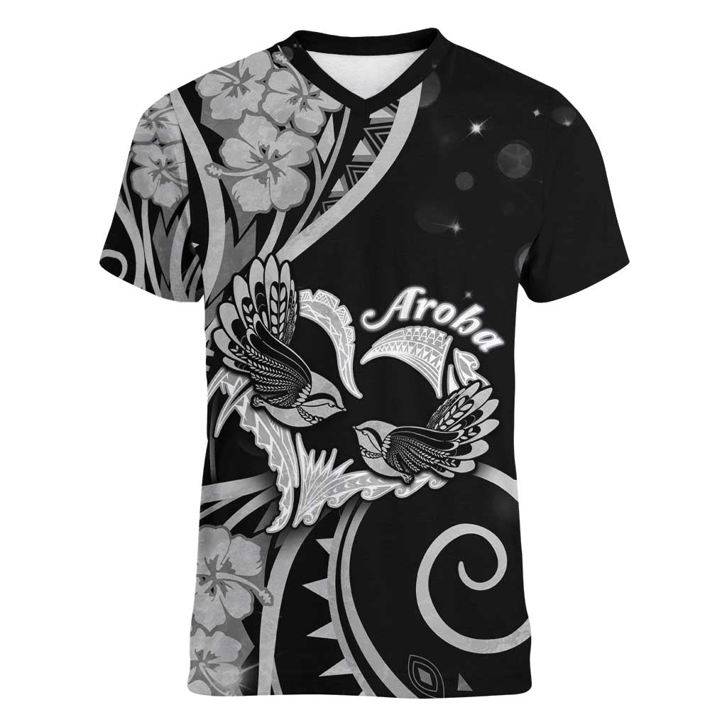New Zealand Valentine Women V-Neck T-Shirt Aroha Gray Piwakawaka LT05 Female Gray - Polynesian Pride