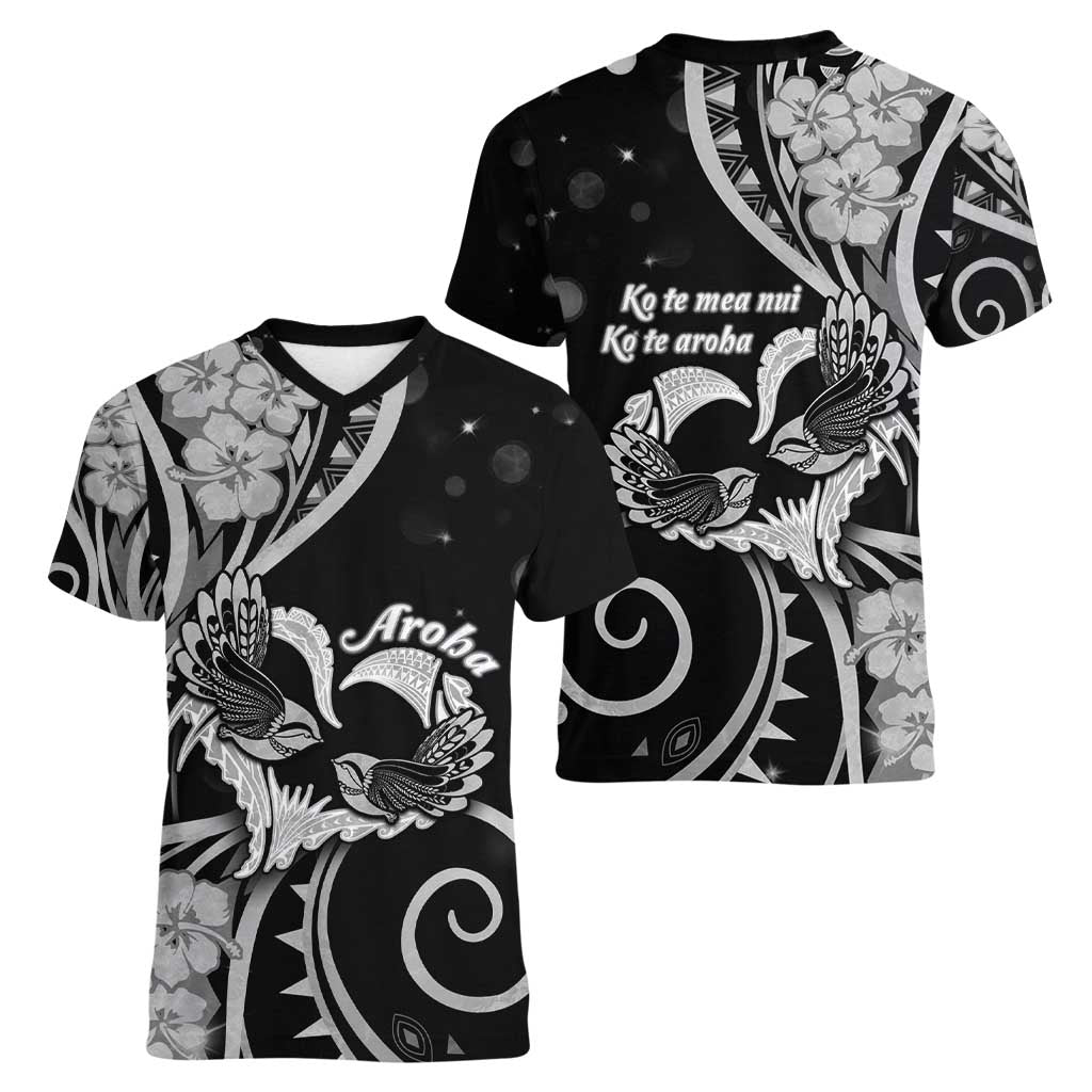 New Zealand Valentine Women V-Neck T-Shirt Aroha Gray Piwakawaka LT05 - Polynesian Pride