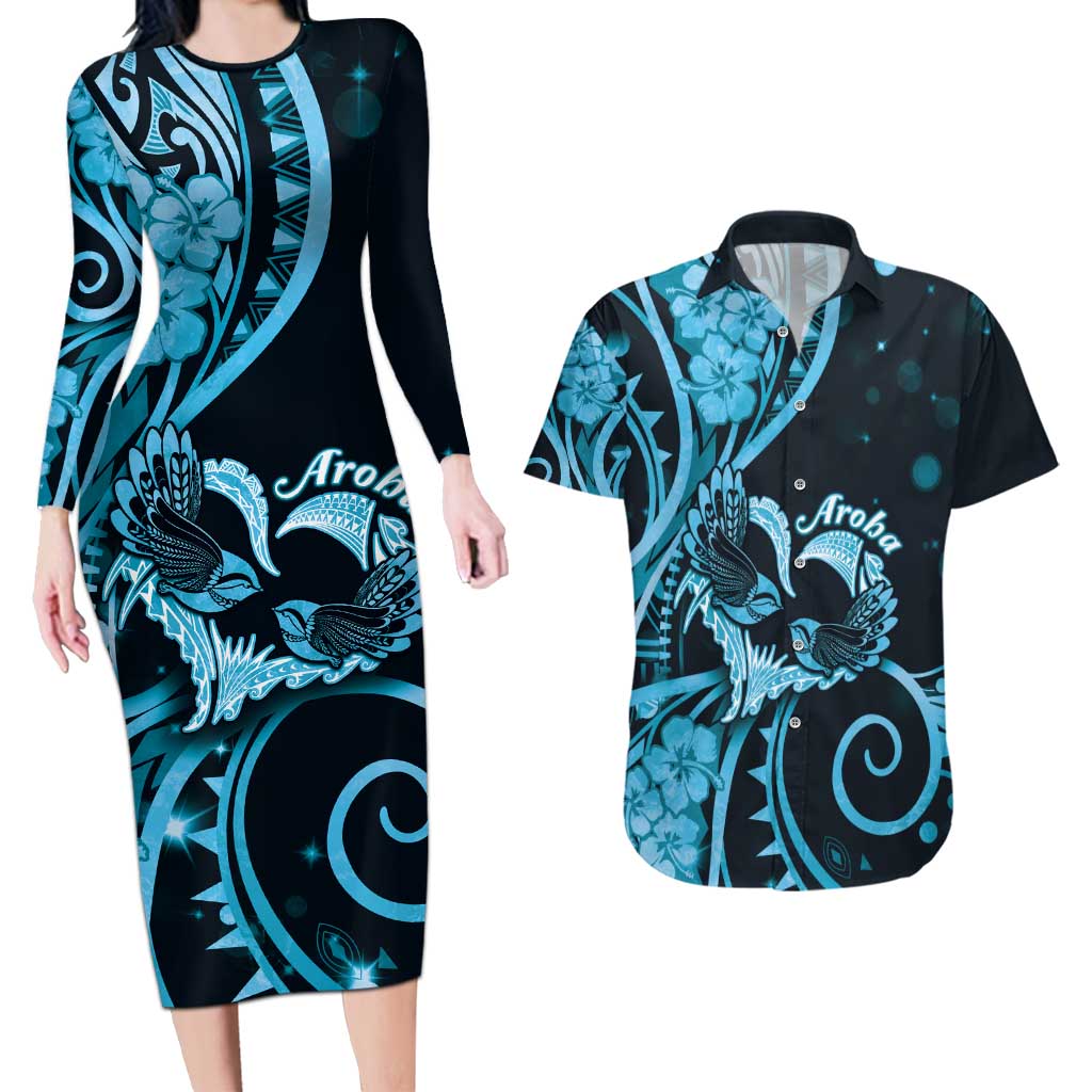 New Zealand Valentine Couples Matching Long Sleeve Bodycon Dress and Hawaiian Shirt Aroha Cyan Piwakawaka LT05 Cyan - Polynesian Pride