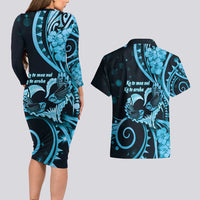 New Zealand Valentine Couples Matching Long Sleeve Bodycon Dress and Hawaiian Shirt Aroha Cyan Piwakawaka LT05 - Polynesian Pride