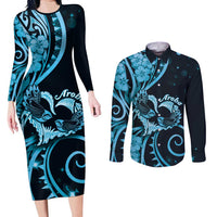 New Zealand Valentine Couples Matching Long Sleeve Bodycon Dress and Long Sleeve Button Shirt Aroha Cyan Piwakawaka LT05 Cyan - Polynesian Pride