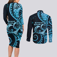 New Zealand Valentine Couples Matching Long Sleeve Bodycon Dress and Long Sleeve Button Shirt Aroha Cyan Piwakawaka LT05 - Polynesian Pride