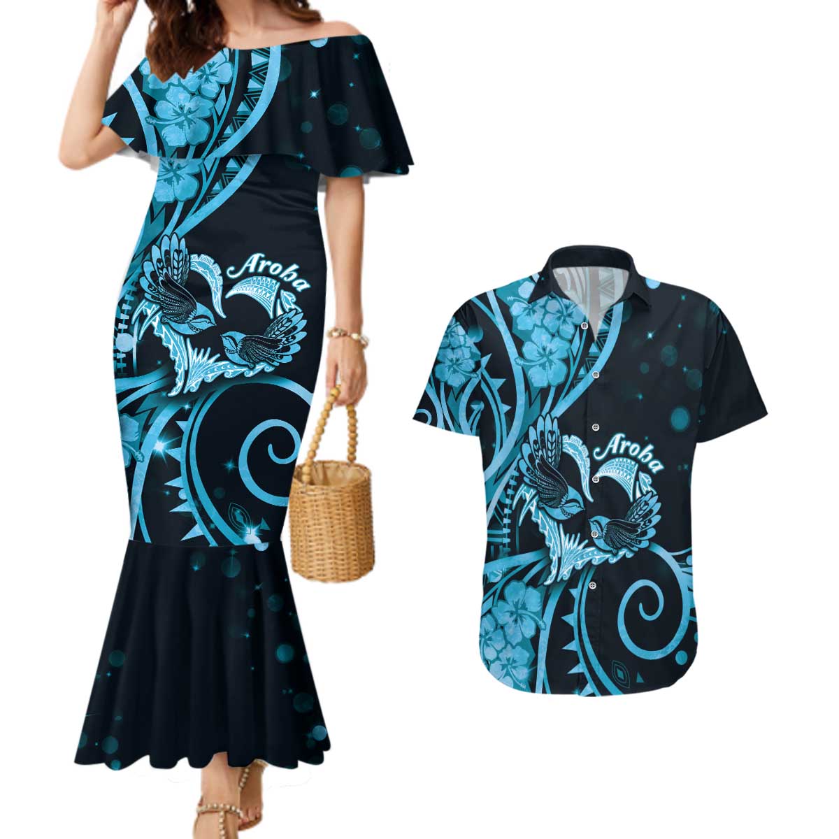 New Zealand Valentine Couples Matching Mermaid Dress and Hawaiian Shirt Aroha Cyan Piwakawaka LT05 Cyan - Polynesian Pride