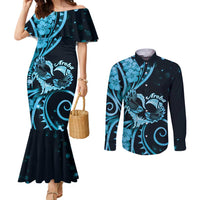 New Zealand Valentine Couples Matching Mermaid Dress and Long Sleeve Button Shirt Aroha Cyan Piwakawaka LT05 Cyan - Polynesian Pride