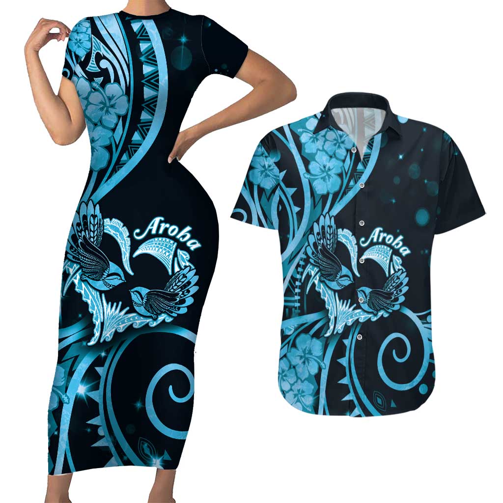 New Zealand Valentine Couples Matching Short Sleeve Bodycon Dress and Hawaiian Shirt Aroha Cyan Piwakawaka LT05 Cyan - Polynesian Pride
