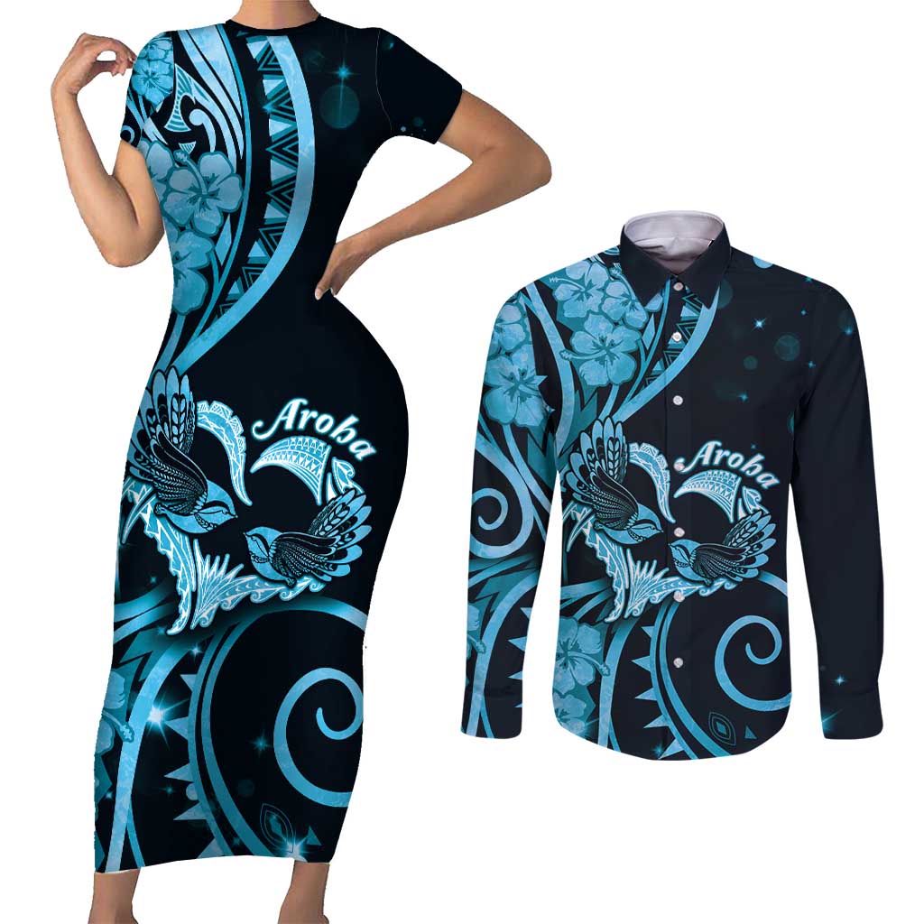 New Zealand Valentine Couples Matching Short Sleeve Bodycon Dress and Long Sleeve Button Shirt Aroha Cyan Piwakawaka LT05 Cyan - Polynesian Pride