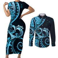 New Zealand Valentine Couples Matching Short Sleeve Bodycon Dress and Long Sleeve Button Shirt Aroha Cyan Piwakawaka LT05 Cyan - Polynesian Pride