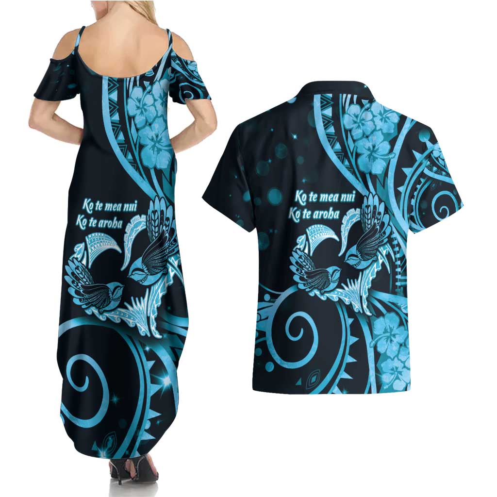 New Zealand Valentine Couples Matching Summer Maxi Dress and Hawaiian Shirt Aroha Cyan Piwakawaka LT05 - Polynesian Pride