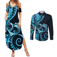 New Zealand Valentine Couples Matching Summer Maxi Dress and Long Sleeve Button Shirt Aroha Cyan Piwakawaka LT05 Cyan - Polynesian Pride