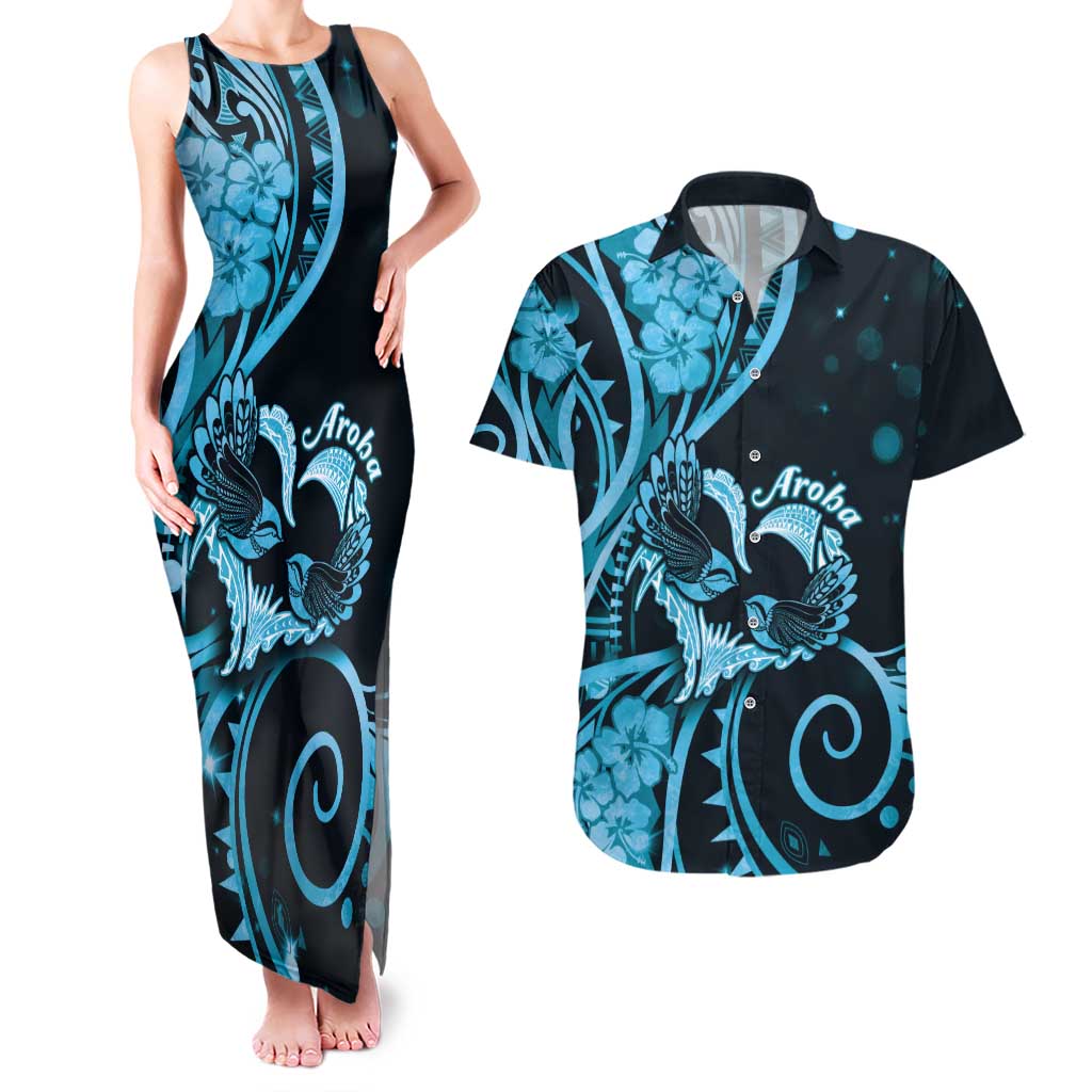 New Zealand Valentine Couples Matching Tank Maxi Dress and Hawaiian Shirt Aroha Cyan Piwakawaka LT05 Cyan - Polynesian Pride