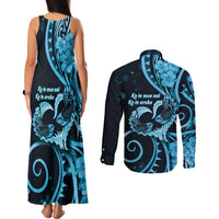 New Zealand Valentine Couples Matching Tank Maxi Dress and Long Sleeve Button Shirt Aroha Cyan Piwakawaka LT05 - Polynesian Pride