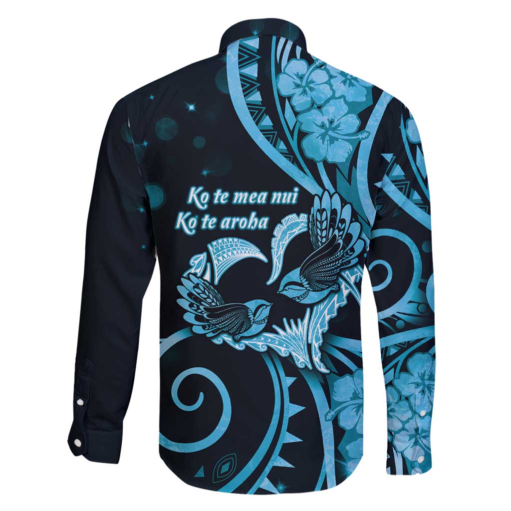 New Zealand Valentine Family Matching Long Sleeve Bodycon Dress and Hawaiian Shirt Aroha Cyan Piwakawaka