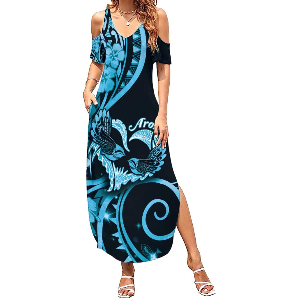 New Zealand Valentine Family Matching Summer Maxi Dress and Hawaiian Shirt Aroha Cyan Piwakawaka
