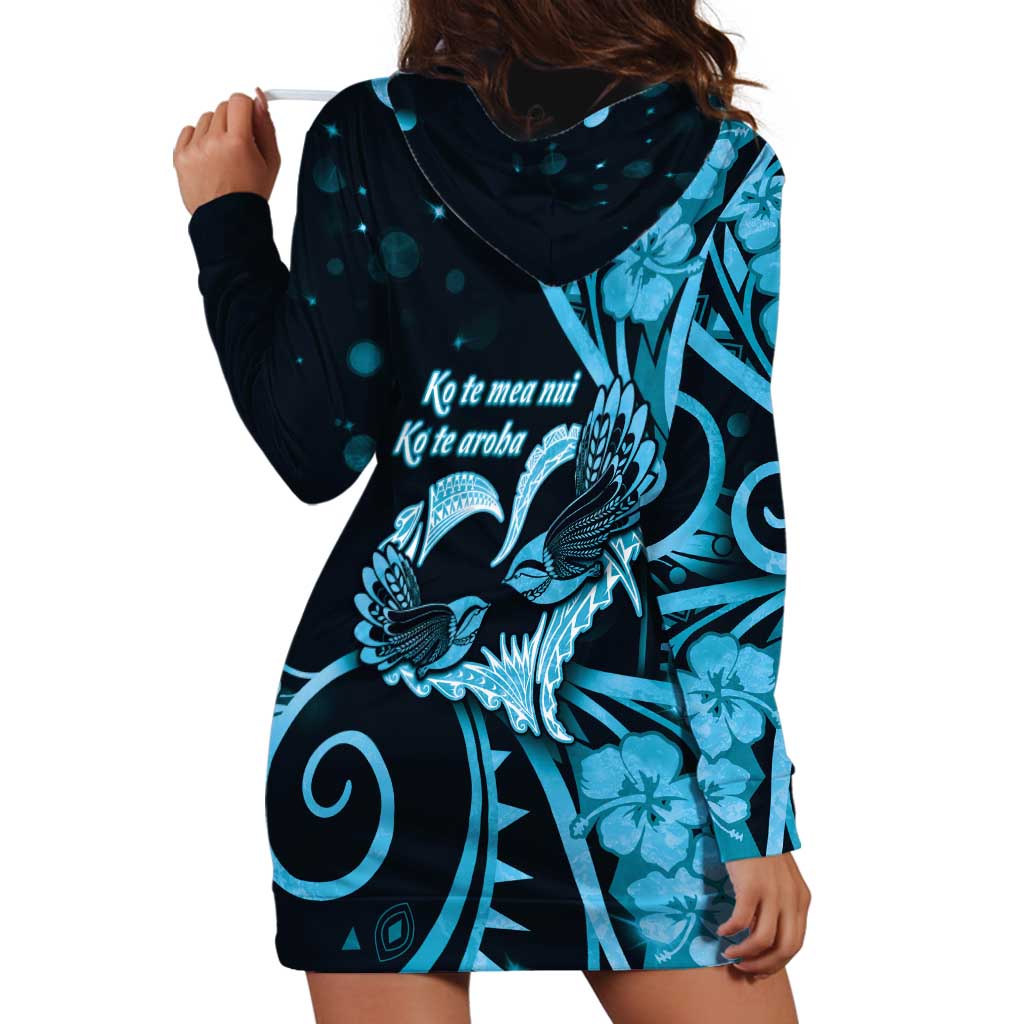 New Zealand Valentine Hoodie Dress Aroha Cyan Piwakawaka LT05 - Polynesian Pride