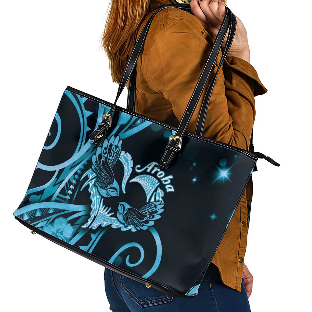 New Zealand Valentine Leather Tote Bag Aroha Cyan Piwakawaka